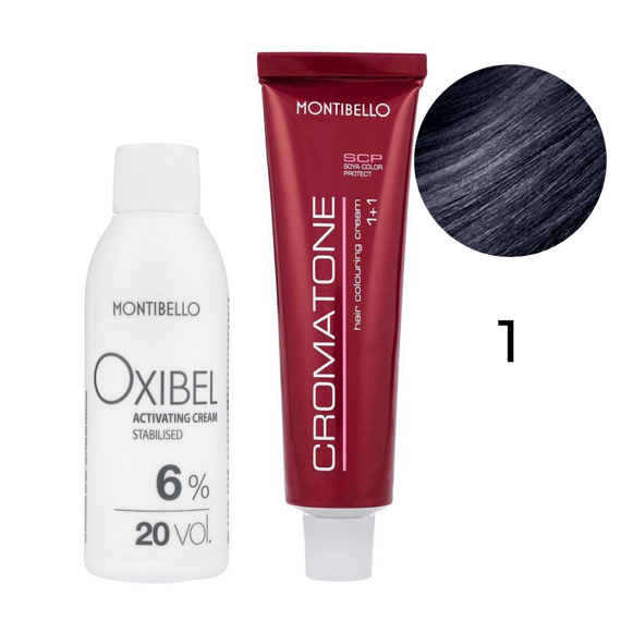 Zestaw Montibello Cromatone farba 1 czerń 60 ml + woda Oxibel 20 VOL 6% 60 ml