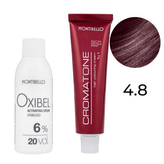Zestaw Montibello Cromatone farba 4.8 purpurowy brąz 60 ml + woda Oxibel 20 VOL 6% 60 ml