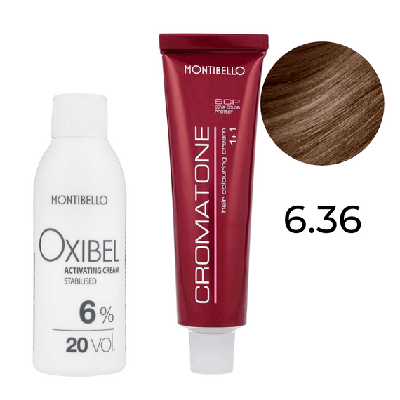 Zestaw Montibello Cromatone farba 6.36 kasztanowy złoty ciemny blond 60 ml + woda Oxibel 20 VOL 6% 60 ml