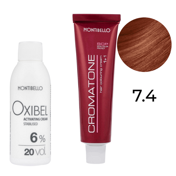 Zestaw Montibello Cromatone farba 7.4 miedziany blond 60 ml + woda Oxibel 20 VOL 6% 60 ml