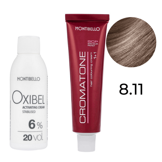 Zestaw Montibello Cromatone farba 8.11 intensywny popielaty jasny blond 60 ml + woda Oxibel 20 VOL 6% 60 ml