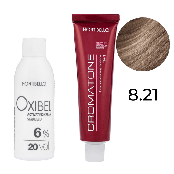 Zestaw Montibello Cromatone farba 8.21 popielaty perłowy jasny blond 60 ml + woda Oxibel 20 VOL 6% 60 ml