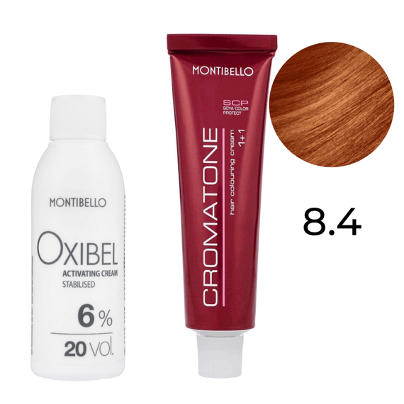 Zestaw Montibello Cromatone farba 8.4 miedziany jasny blond 60 ml + woda Oxibel 20 VOL 6% 60 ml