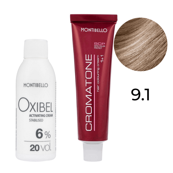 Zestaw Montibello Cromatone farba 9.1 popielaty bardzo jasny blond 60 ml + woda Oxibel 20 VOL 6% 60 ml