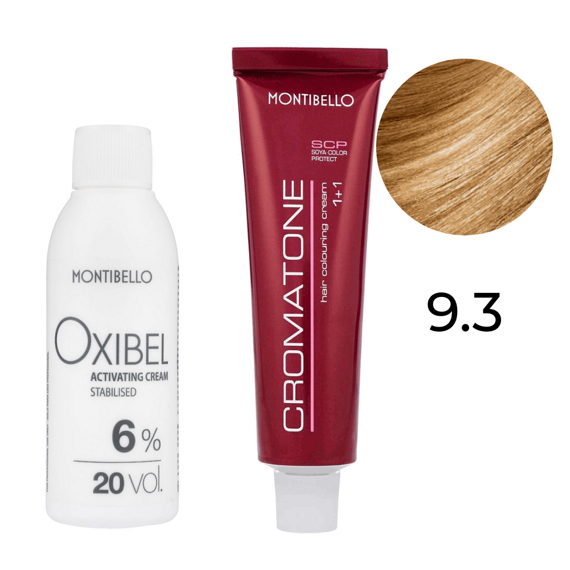 Zestaw Montibello Cromatone farba 9.3 złoty bardzo jasny blond 60 ml + woda Oxibel 20 VOL 6% 60 ml